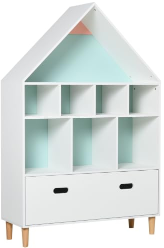 HOMCOM Estantería de Madera Infantil Forma de Casa 82x30x126 cm Blanco | Librería para Niños, 8 Compartimentos Abiertos, Cajón