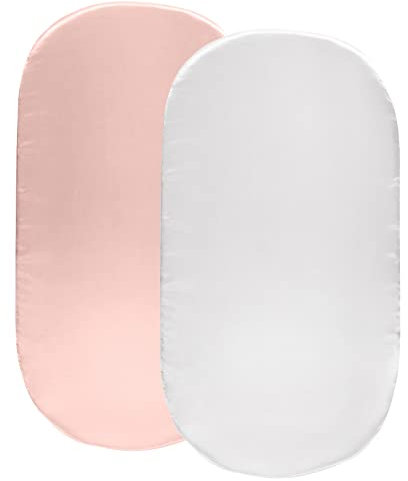 SiinvdaBZX Satin-Bettlaken für Baby-Mädchen, seidig-weiches Stubenwagen-Spannbettlaken für Sanduhr, ovale und rechteckige Stubenwagen-Matratze (Rosa und Weiß), 2 Stück