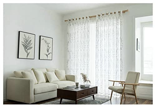 KnBoB Transparent Vorhang, Polyester Grau Blumen Bestickt Gardinen Vorhänge mit Ösen Voile Gardinen 86 x 183 cm