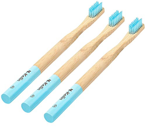Y-Kelin Bamboo V-förmige kieferorthopädische Zahnbürste, umweltfreundliche Bambuszahnbürste, weiche Borsten, Hellblau, Größe M, 3 Stück