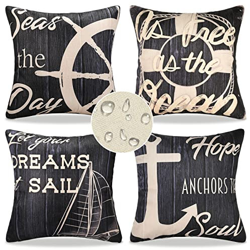 18X 18 4 Pcs Outdoor Cushion Covers Waterproof Vintage Nautical Pillow Cases Anchor Sailboat Ship Rudder Pattern Pillowcase Square Throw Pillow Covers Decorative for Patio Sofa Couch (Black,45X45cm)