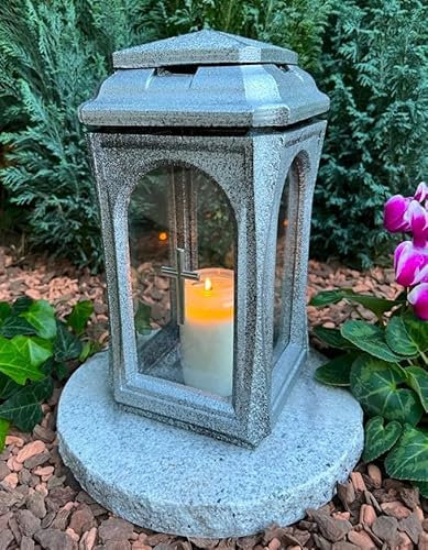 Grablampe Grablicht Laterne Kerze Grablampe in SILBER Farbe mit Rose - 29 cm H. Neue Model ohne Sockel. NEU