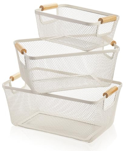 Noamus 3 Pack Metal Mesh Baskets with Wood Handle, Iron Storage Organizer Basket, White Wire Countertop Baskets for Organizing, Cabinet Pantry Closet Bedroom Kitchen(3 Size)
