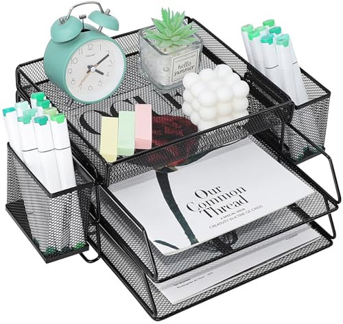 PLSOPPKG Dokumentenablage, Briefablage Mit Stifthalter aus Metall, Büro Briefablage aus Metall für A4 mit Top Schreibwarenhalter, Schreibtischablage für Büro Schule, 2 Etagen