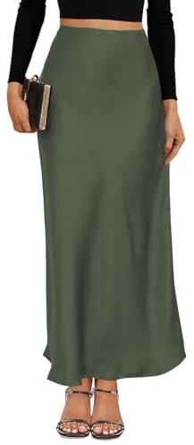 VividMosaic 2024 Satin High Waisted Maxi Skirt Silk A-Line Spring Summer Casual Long Women's Skirts, Olive, L