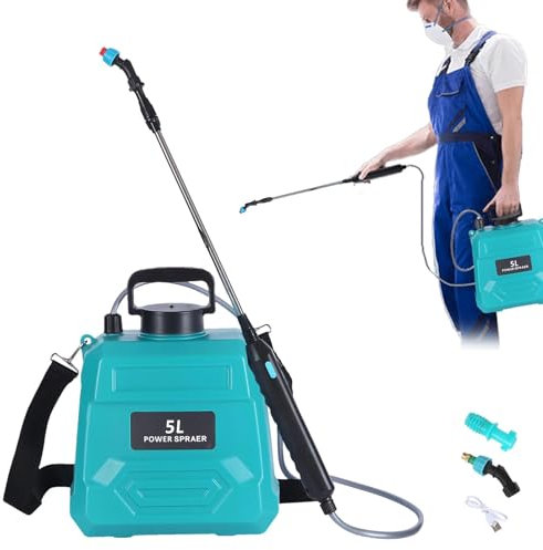 Spruzzatore alimentato a batteria, spruzzatore per esterni con manico ricaricabile USB e 3 ugelli per nebulizzazione | Spruzzatore portatile da 5 l, spruzzatore da giardino, spruzzatore per prato con