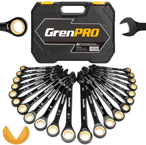 GRENPRO Ratcheting Wrenches Set, Combination Wrench Sets With Organizer Box, 23PC SAE & Metric And Standard, 1/4 to 3/4 & 6-18mm, Open End Wrench Set, Electrophoretic Coating Sock Mechanic Tools