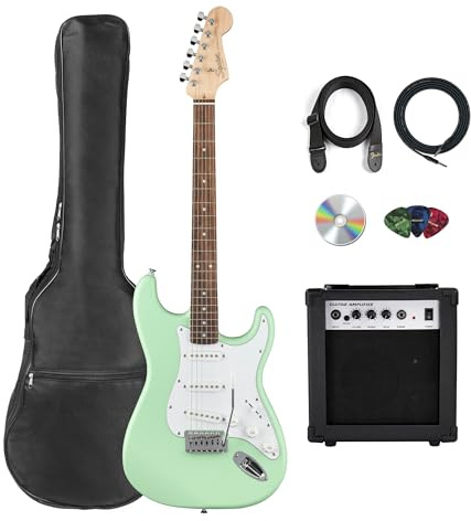 Fender Squier Stratocaster Electric Guitar - Surf Green Bundle with Amplifier, Gig Bag, Cable, Strap, Picks, and Austin Bazaar Instructional Video
