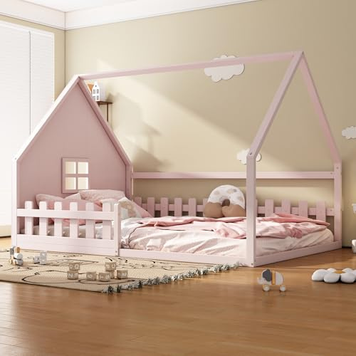 Huayz Letto per bambini a forma di casa 140x200cm, Letto Montessori da terra con protezione anticaduta e rete a doghe, Letto in legno per bambini e bambine, senza materasso (Rosa)