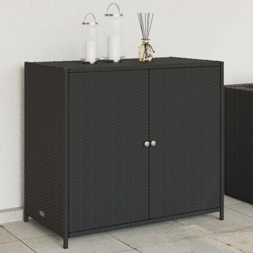 Myheimly Gartenschrank, Geräteschrank mit viel Stauraum, Beistellschrank Schrank mit Türen, Balkonschrank Terrassenschrank, Poly Rattan Gartenschrank Schwarz,83x45x76 cm