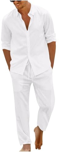 Dmmtot Conjunto de 2 piezas de lino casual para hombre, camisas de manga larga con botones, cintura elástica, pantalones de pierna recta, básicos, color sólido, ajuste regular, transpirable, ropa