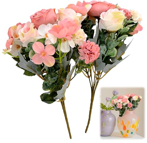 Uryxery Ramos De Flores Artificiales para Decoración del Hogar, Set De 2 con Rosas De Seda, Peonía Y Hortensias, Tallos Ajustables para Jarrones Estrechos, 30×10×4cm