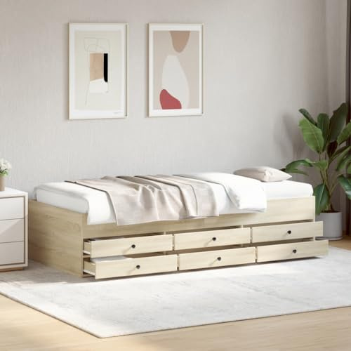 Teenpull Sonoma-ek 90 x 190 cm med 6 lådor, utdragbar bäddsoffa för gäster, multifunktionell sängram med lagringsutrymme för vardagsrum och sovrum