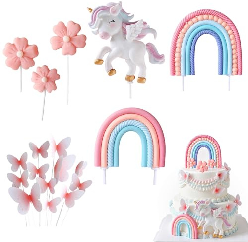 TENGWA 18 Pièces Decoration Licorne Gateau 3D Licorne Decoration Gateau Anniversaire Fille avec Arcs en Iel Fleurs Papillons et Plus Encore pour Garçons et Filles