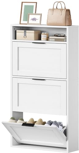 HOOBRO Scarpiera a 3 Ribaltatori per Scarpe, Scarpiera Stretta Verticale con Vano Contenitore, Ripiani Regolabili, Capacità Circa 6-9 Paia di Scarpe, per Soggiorno, Ingresso, Bianco EWT17SC01