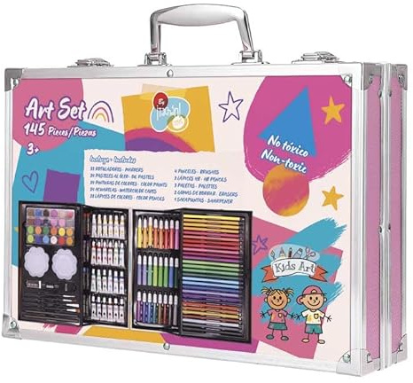 TACHAN - Maletín artístico 145 piezas para niños - Set Creativo con Rotuladores, Lápices, Ceras, Acuarelas y Accesorios - Estuche metálico - 34.5x24.3x8.7 cm (CPA Toy Group 703T01070)