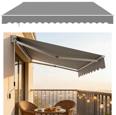 Aufun Tenda da sole manuale con braccio articolato, in alluminio e poliestere, retrattile, con manovella, impermeabile, anti-UV, per balcone, terrazza, esterno (250 x 200 cm, grigio)