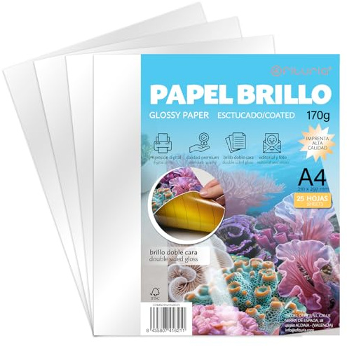 OFITURIA Papel Estucado Brillo 170g Doble Cara A4 – Papel Gloss para Impresión Láser Color, Ideal Flyers, Fotos, Catálogos y Material Publicitario (25 hojas)
