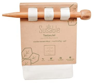 Susable Lot de 2 sachets à thé réutilisables en tissu I 100 % coton bio I Filtre à thé permanent Filtre réutilisable (1 petit, 1 grand) I Avec 1 bâton en bambou