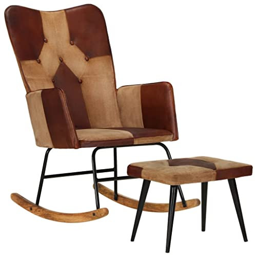 Bussandri Exclusive - Schaukelstuhl mit Hocker Braun Echtleder und Canvas