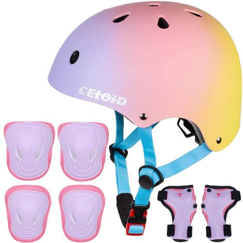 CELOID Kids Helmet Pad Set,Adjustable Kid Skateboard Bike Helmet Knee & Elbow Pads Wrist Guards 5-8 years Child Protective Gear Set for Girls Boys Bicycle Bike Roller Skating Scooter Sport,Pink violet