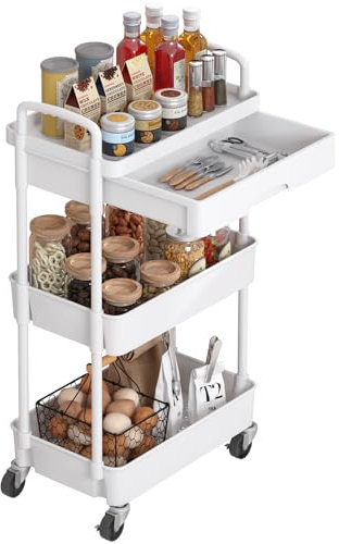 Dttwacoyh 1 Stück 3 Tier Rollwagen Mit Schubladen, Servierwagen Mit Rollen,Praktisches Aufbewahrungsregal, Regal für Büroorganisation,Aufbewahrungsregal für Kinderzimmer,Wohnzimmer, Küche, Weiß