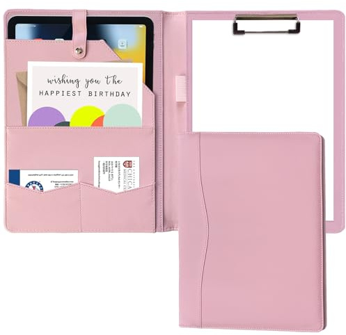 Portfolio Folder Padfolio with A4 Clipboard, PU Leather Portfolio Clipboard Business Binder Writing Clip Board Organizer for Legal Documents Business Card Men Women Pink