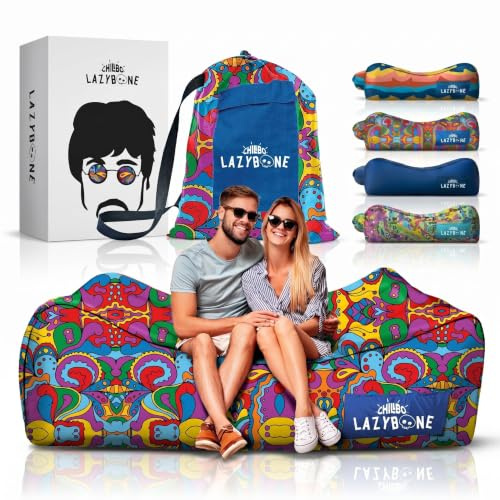 Chillbo LazyBone Inflatable Couch – Quick-Inflation Flapper System, Fun Prints, No-Pump Setup, Ripstop Polyester, Portable Air Lounger for Beach, Camping, Festivals, & Hiking