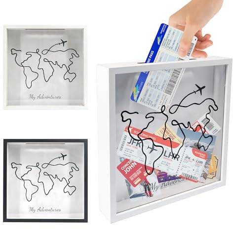 FramePro Scatola da viaggio per biglietti, souvenir e foto, 30,5 x 30,5 cm, con fessura e cornice in vetro e legno