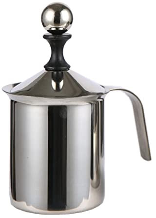 Milk Frother Handheld,400ml/13.5Oz Manual Milk Creamer Hand Pump with Handle Double Layer Filter Stainless Steel Heatable Frother for Coffee, Latte