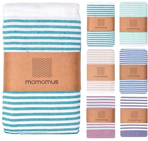 MOMOMUS Fouta XXL o Manta de Pícnic Antiarena - Ligera, Plegable y Estilo Boho - Ideal como Toalla, Esterilla de Playa Grande o Manta de Playa - Verde Mar, 210x240 cm