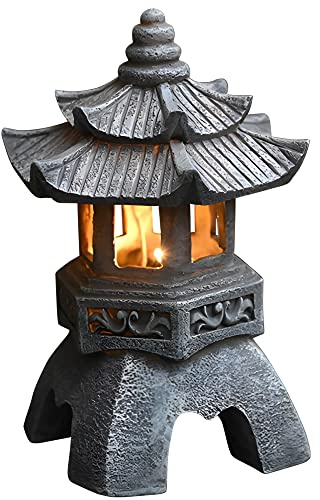 NIUSABOU Giardino Pagoda Lanterna Decor Statua, Statua da giardino con luce solare da giardino - Lanterna pagoda in pietra imitazione, statuetta zen da esterno, resina