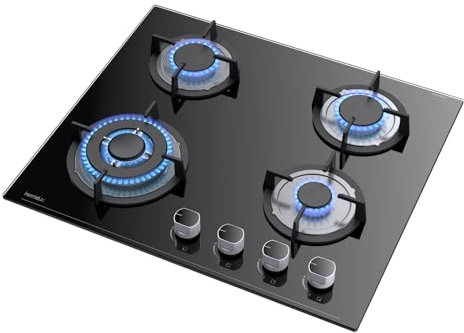 Hermitlux Gaskochfeld 4 Flammig, 60cm, 7800W，Erdgas/Propangas, Automatischer Thermoelementschutz, Schwarz, Einbau Glasherd