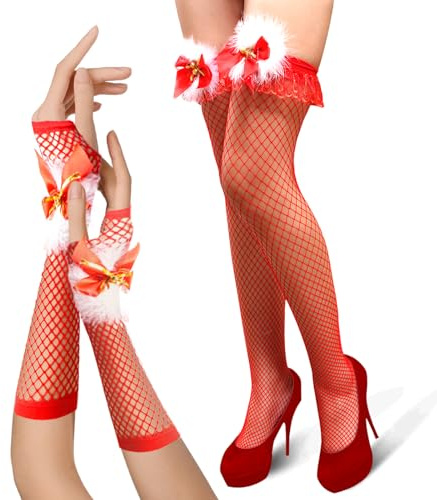 Calze a Rete Natalizie e Guanti a Rete Natalizi, Calze a Rete Sopra il Ginocchio, Accessori per Abbigliamento Natalizio, Calze a Rete da Donna, Guanti di Natale a Rete, Cosplay Natalizi Accessori