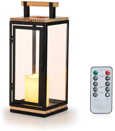 NUPTIO Lanterns Wooden for Candle Indoor: 34cm Tall with LED Pillar Candle Decorative Hanging Lantern for Living Room Outdoor Floor Christmas Candle Holders Metal Fireplace with Remote Control Timer
