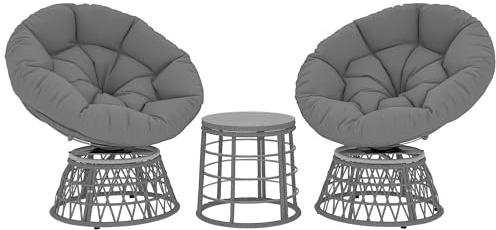Set da giardino Outsunny da 3 pezzi con 2 poltrone girevoli papasan e 1 tavolino rotondo 2 grandi cuscini in resina poliestere intrecciata grigia