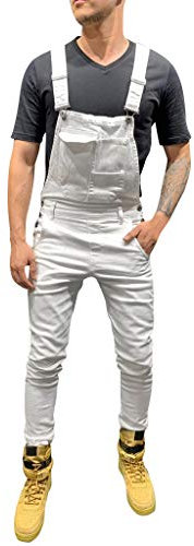 Tuta estiva sportiva da uomo, abbigliamento da lavoro, 3 pezzi, vestibilità larga, in denim, per il tempo libero, regolabile, semplice, con tasche multifunzionali, con tasche oblique, bianco, L