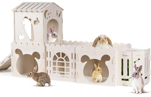 Extra Large Rabbit House, Wooden Bunny Castles with 4 Houses and Hay Feeder, Indoor Guinea Pig Castles Multistory Climbing Tower, Sturdy Wooden Bunny Cage Indoor, Small Animal Pet Rabbit Habitat