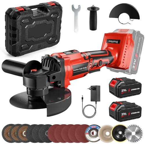 Amoladora Bateria, 21V Amoladora Angular Inalámbrica con 2 x 3.0Ah Baterías, Motor sin Escobillas de 12000 RPM, Diámetro de Corte de 125 mm, 3 Modos, Pantalla Digital, Radial de Bateria para Cortar