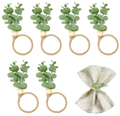 Napkin Rings,6 Pcs Napkin Holders,Green Leaf Eucalyptus Napkins Ring Holder mit Wood Bead,Rustic Farmhouse Boho Napkins Holder for Weddings Parties Banquet Table Decor