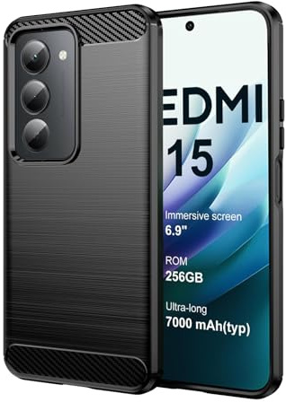 Wookfiss Mobiltelefonfodral för Xiaomi Redmi 15 4G-fodral, mjuk kolfiberdesign i TPU, silikon, flexibel, stötsäker, reptåligt skyddshölje, kompatibelt med Xiaomi Redmi15 4G, svart | Wookfiss Premium kolfiber skyddande fodral, [hopfällbart flip], [kortfickor], [stativfunktion väska] – svart