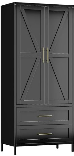 Aobabo Metal Wardrobe Cabinet with 2 Drawers, 71 H Metal Wardrobe Closet with Adjustable Shelf and Hanging Rod for Home, Laundry Room, Black,Installation Required