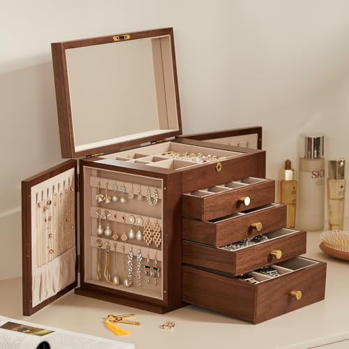 Homruilink Portagioie in Legno di Noce Nero, Organizer per Gioielli con 2 Porte Laterali e Serratura a Specchio Stile Classico per Orologi, Collane, Anelli e Orecchini, Regalo per la Mamma