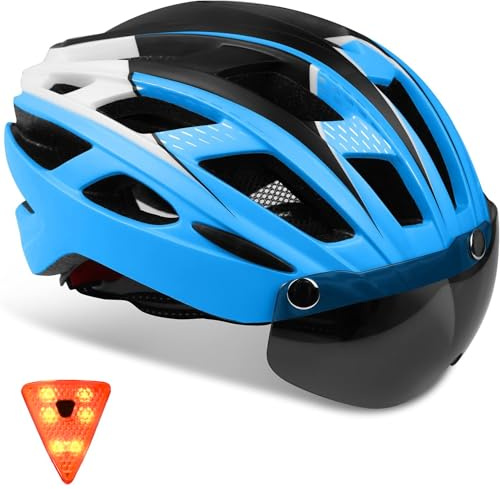 KINGLEAD Casco Bici con Luce di Sicurezza e Visiera Magnetica,Casco da Ciclismo Uomo Donne Adulto Bici da Corsa Casco da Bicicletta Certificato CE Regolabile Casco Mtb Skateboarding 57-62CM