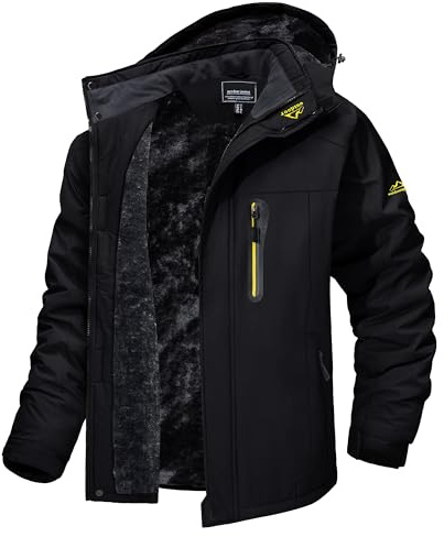 MAGCOMSEN Winterjacken Herren Warm Softshelljacke Outdoor Skijacke Fleece Winterparka Herren Übergangsjacke Wasserdicht Regen Jacke Wanderjacke mit Kapuze Schwarz 2XL