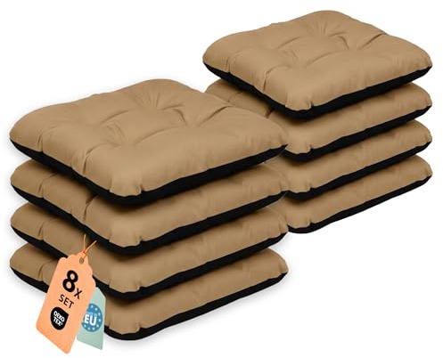 SuperKissen24. Set de 8 Cojines de Asiento - Cojín de Silla 45x45 cm para Interior y Exterior Cómodo e Impermeable para Muebles de Jardin, Terraza, para Suelo - Beige