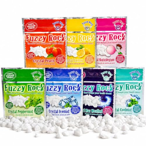 Fuzzy Rock Crystal Mints | 7 Flavours- Peach, Coolmint, Icemint, Max Menthol, Peppermint, Lemon, Bubblegum | Sugar Free Breath Freshener for Fresh Breath, Clean Teeth & Gum Health (Pack of 7)
