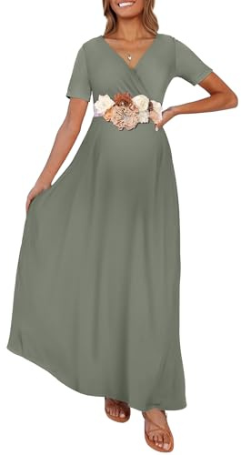 Kim S, Maxi Abito Premaman con Fascia Floreale (S-3XL), Avvolto Increspato Scollo a V, Abito per Servizio Fotografico, Baby Shower, M