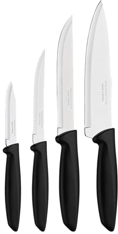 Tramontina Juego de Cuchillos de Cocina de Acero Inoxidable y Mangos de Poliprolipeno Color Negro Plenus 4 Piezas