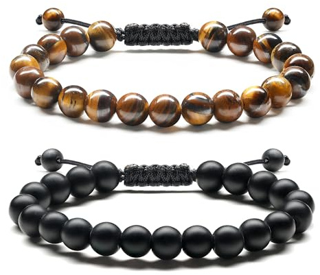 ADRAMATA 8MM Lava Rock Tiger Eye Natural Stone Bracelet Set - Adjustable Handmade Beaded Jewelry for Men